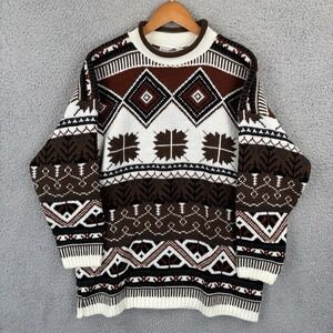 Vintage Cut 4 U Sweater One Size White Brown Nordic Roll Neck Cozy Ski Winter